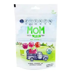 סוכריות אורגניות על מקל בטעמי אוכמניות,תות שדה, ואבטיח - MOM